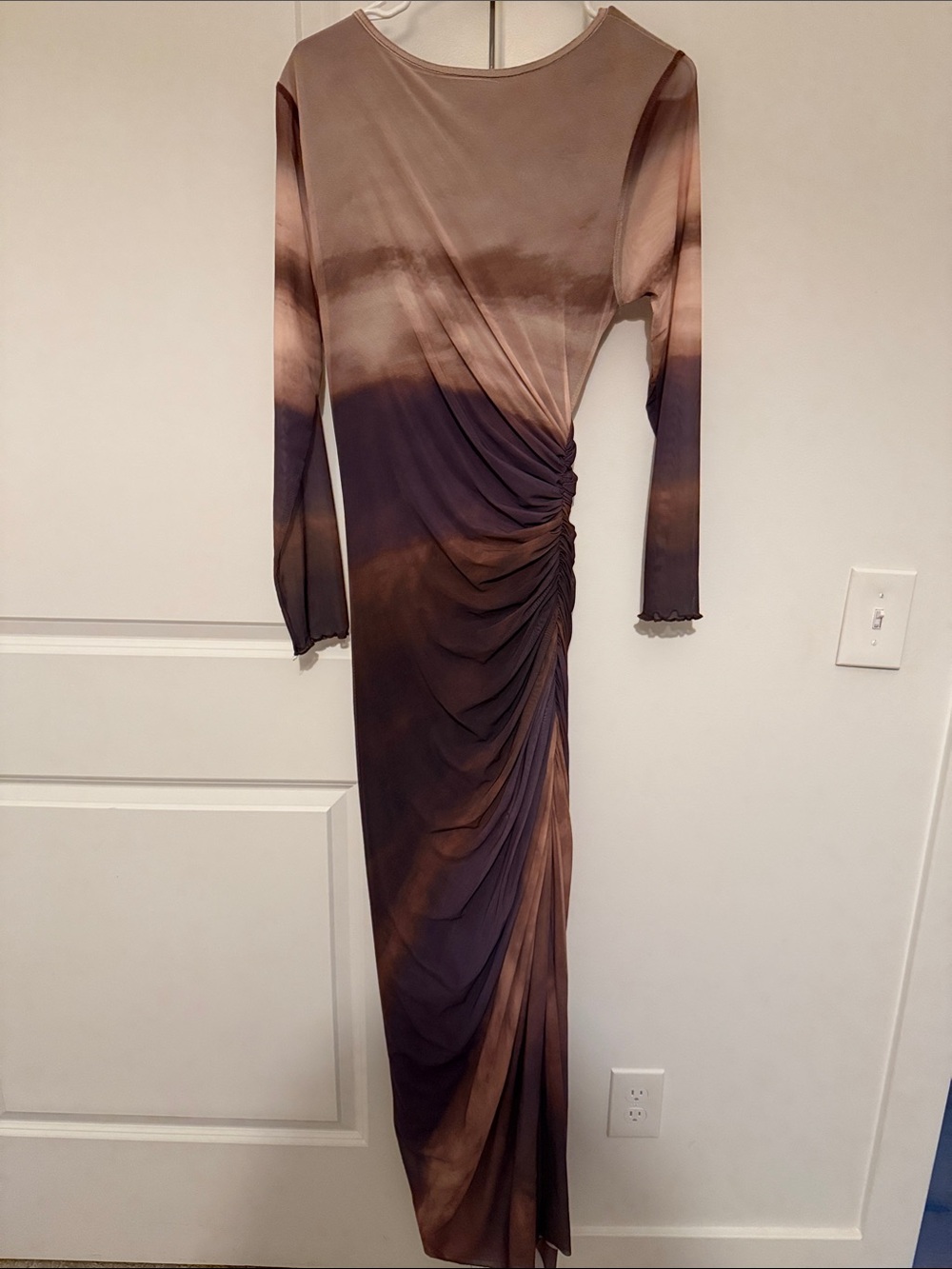 Ruched Long Sleeve Maxi Dress in Brown and Purple bodycon